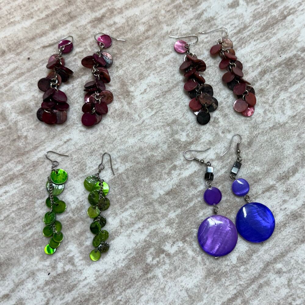 Earring Bundle 4 Pairs Pink Purple Green Circle Shell Drop Chandelier Earrings